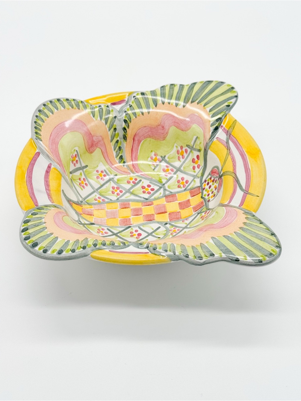 Vintage MacKenzie Childs Butterfly 7.5" Bowl Retired 2003 Yellow Green Check - Picture 5 of 13